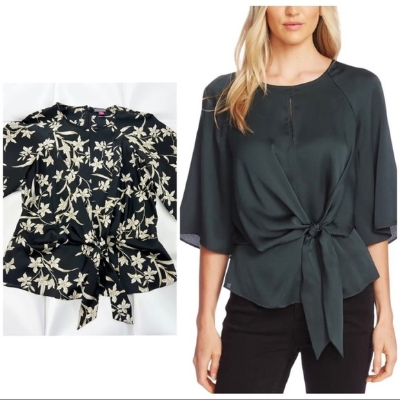 Vince Camuto Womens Sz M Black Floral Tie-Front Peplum Tropical Blouse Top - Picture 1 of 8